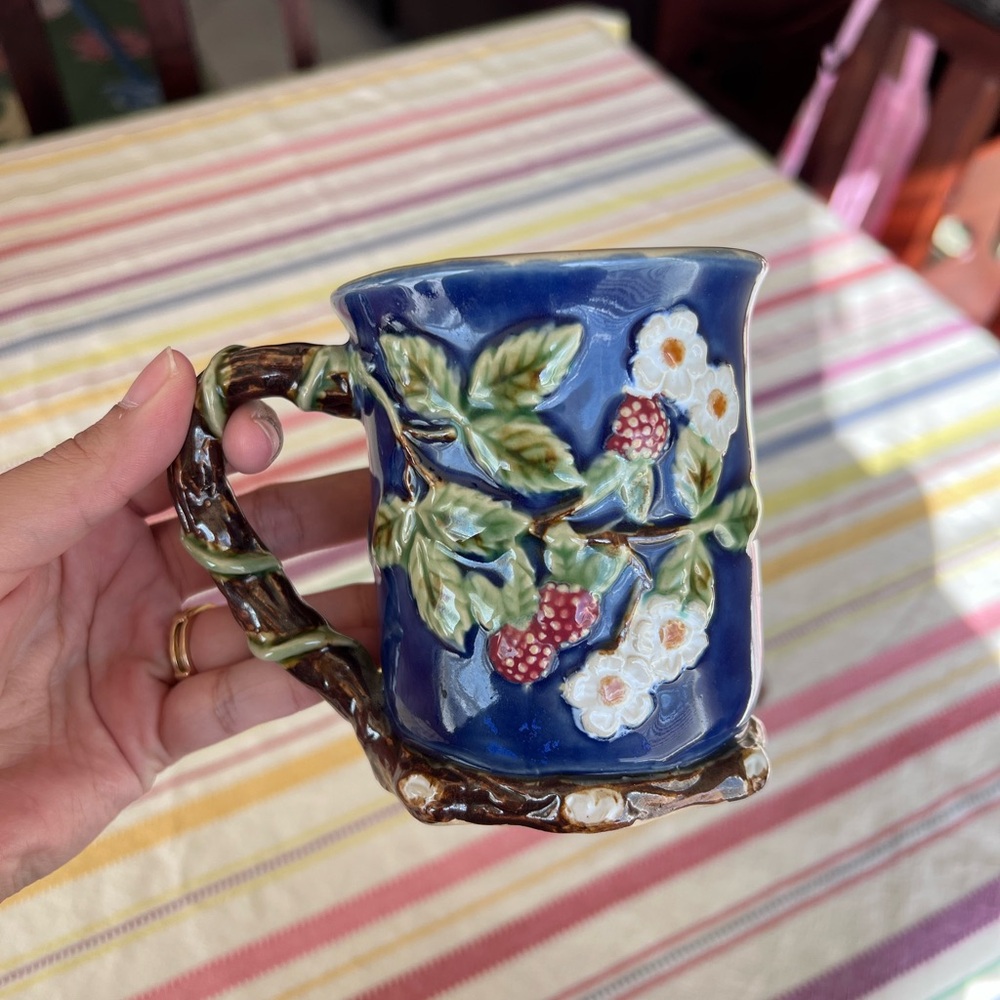 Blue Hand-Painted Berry Relief Mug